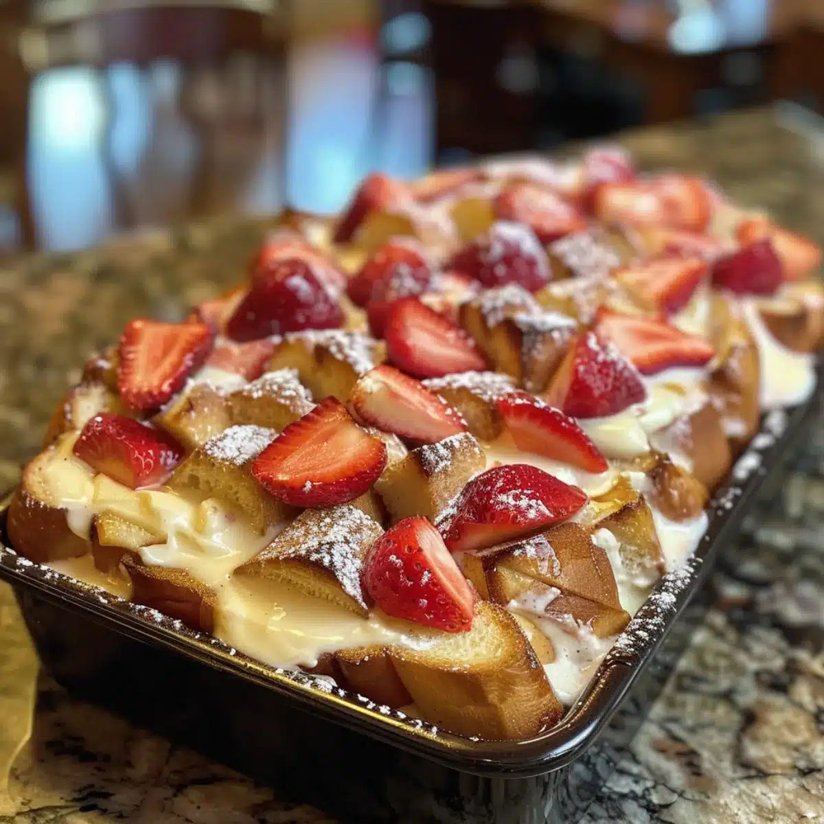 Strawberry Cream Cheese Stuffed French Toast Bake is a custard-style breakfast casserole with cream cheese filling, strawberries, and brioche bread. Perfect for holidays or brunch.