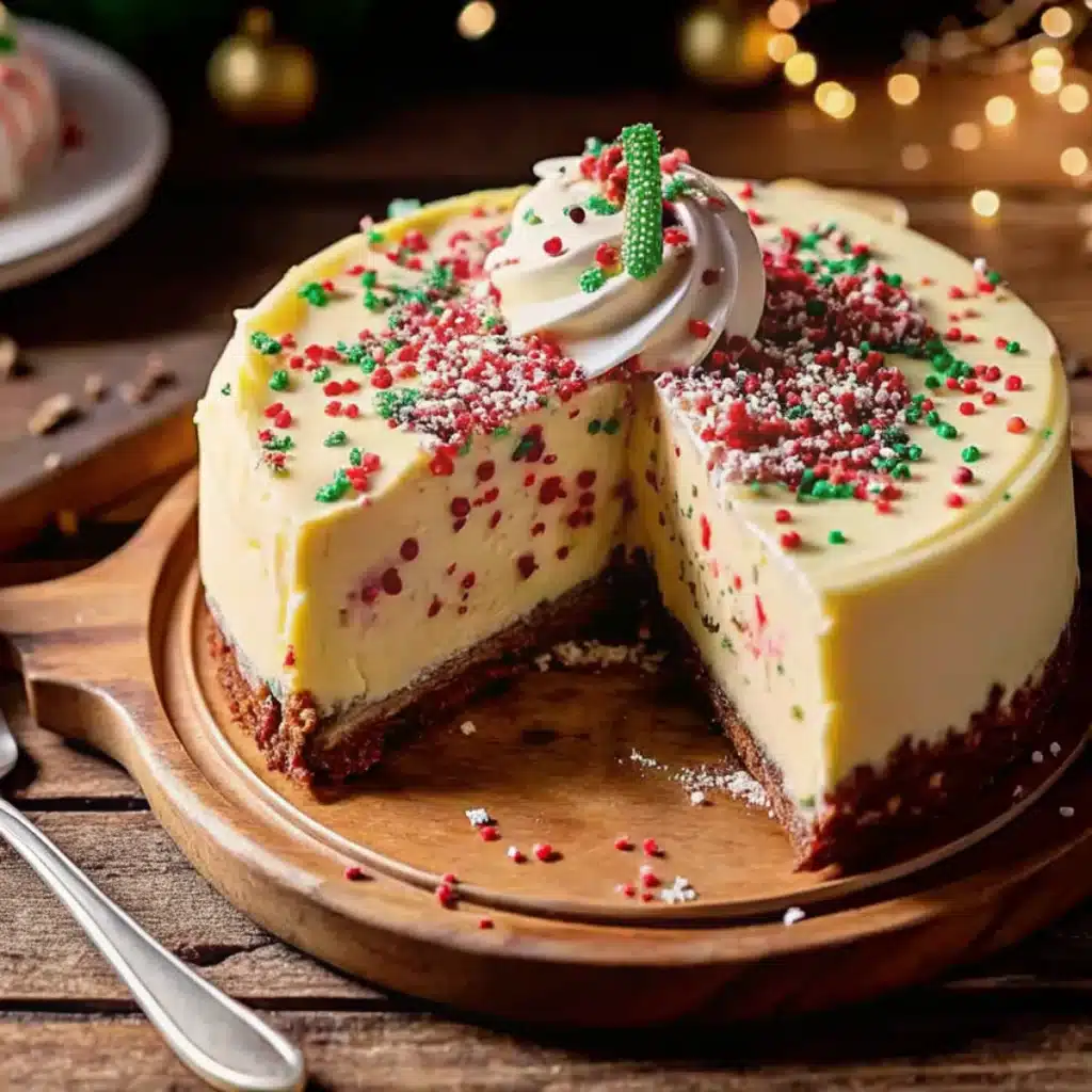 Sugar Cookie Cheesecake features a buttery cookie crust and creamy cheesecake filling, topped with sprinkles and whipped cream. A festive dessert for holidays or parties.