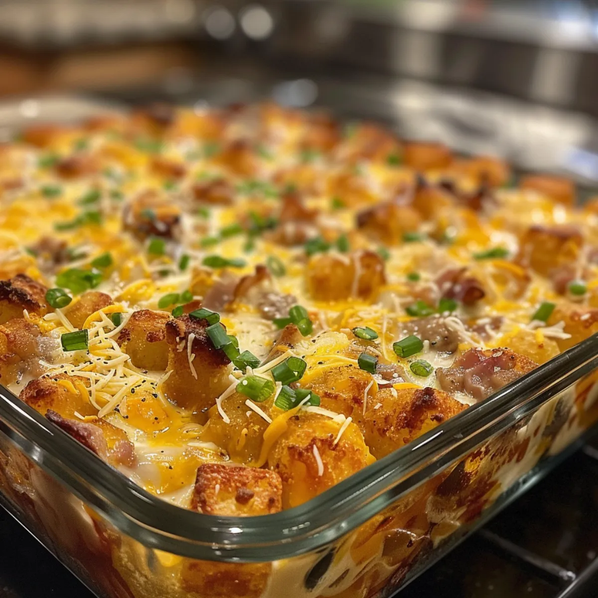 Tater Tot Breakfast Casserole is a hearty breakfast bake with sausage, eggs, cheese, and crispy tater tots. Perfect for brunch or holidays.