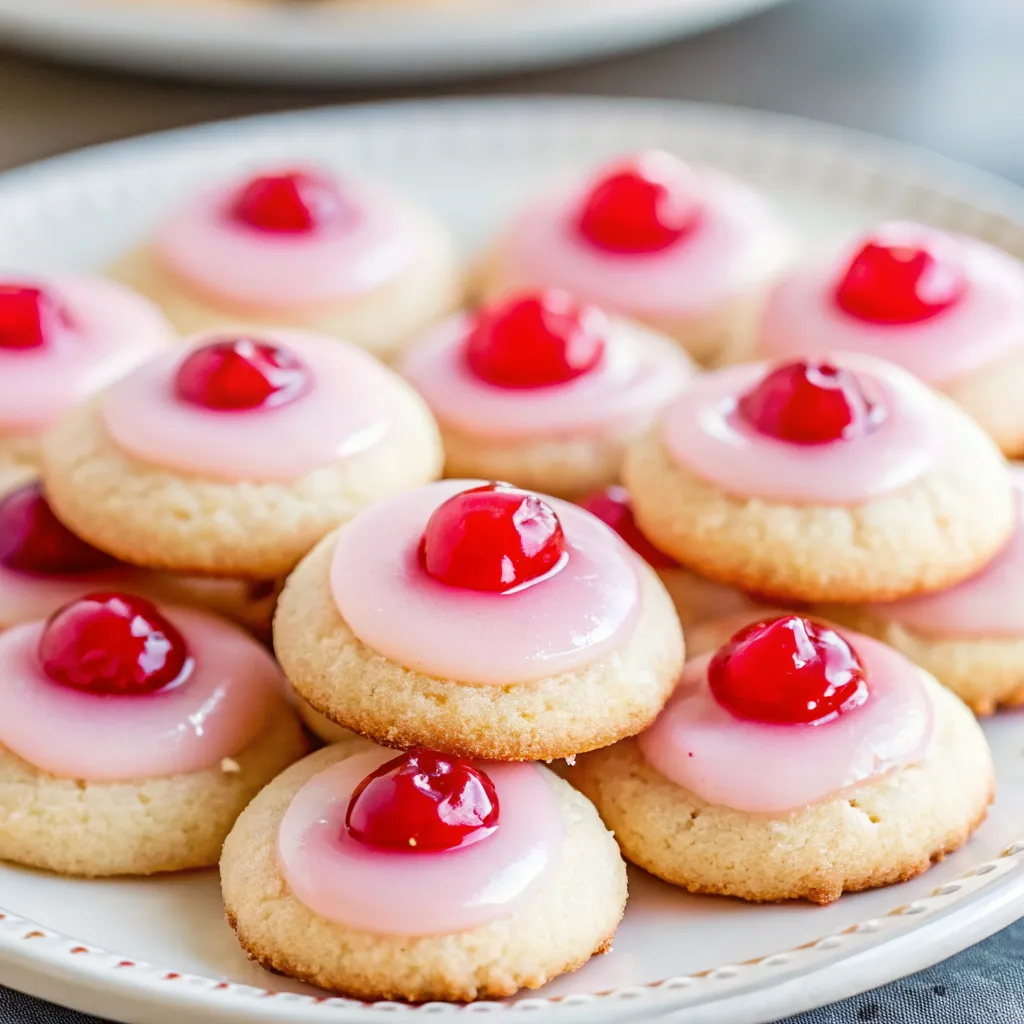 Make soft Thumbprint-Style Almond Cherry Cookies with a pink glaze and cherry center for a festive Christmas treat perfect for gifting and holiday trays.