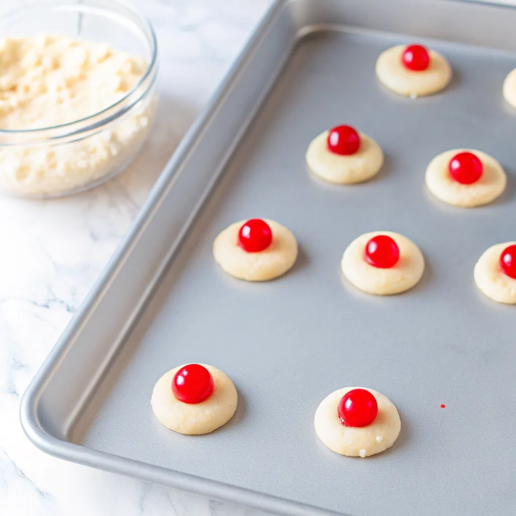 Make soft Thumbprint-Style Almond Cherry Cookies with a pink glaze and cherry center for a festive Christmas treat perfect for gifting and holiday trays.