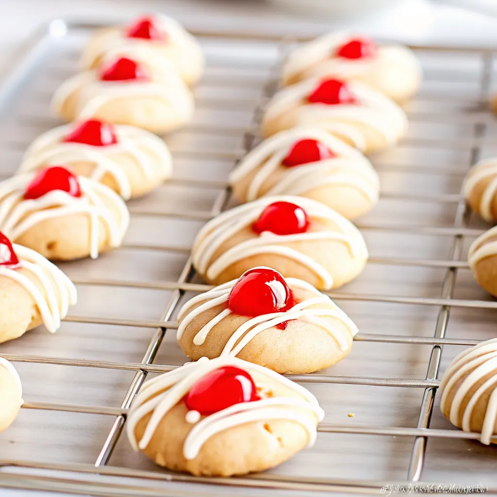 Make soft Thumbprint-Style Almond Cherry Cookies with a pink glaze and cherry center for a festive Christmas treat perfect for gifting and holiday trays.