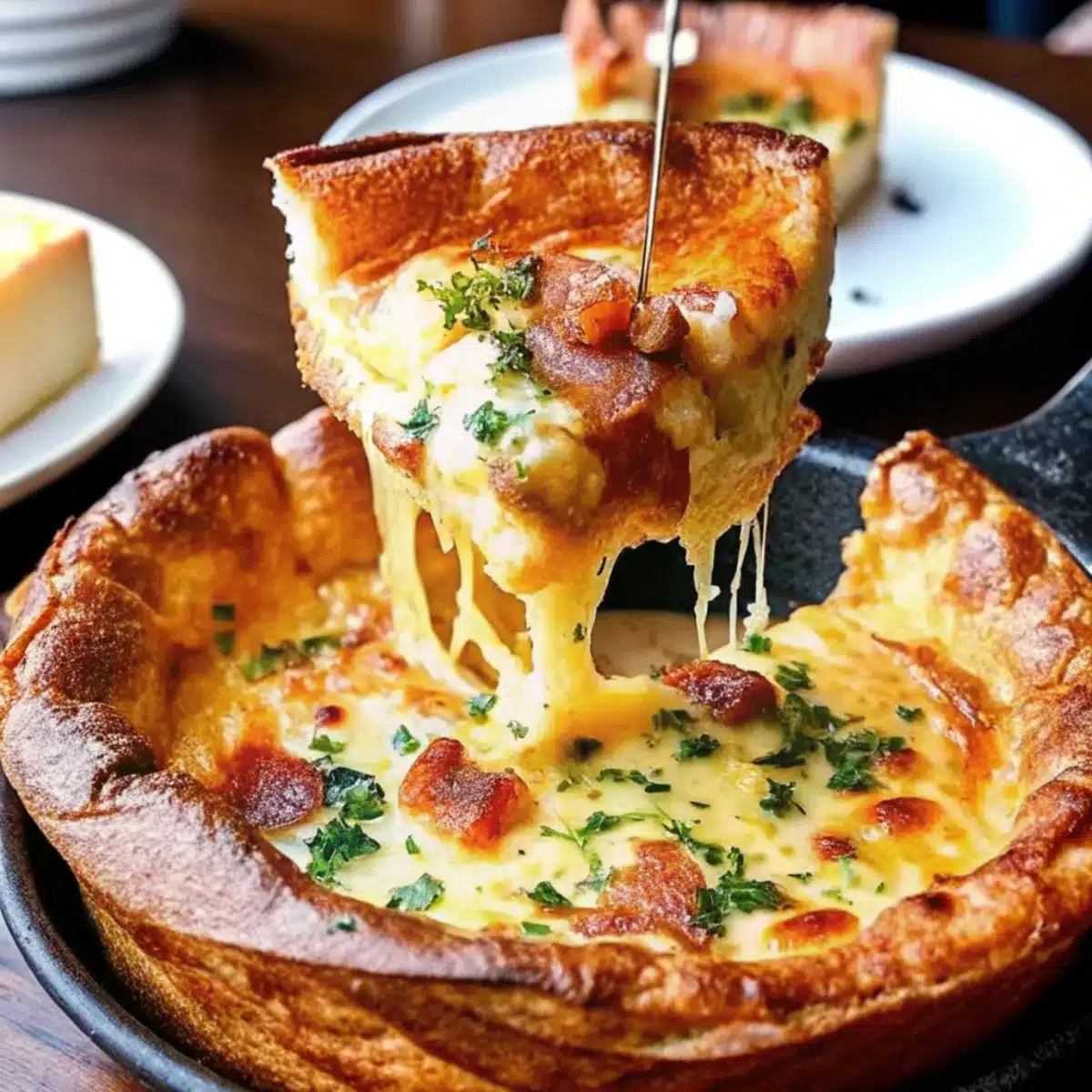 This savory cheddar bacon Dutch baby is a crispy, fluffy oven pancake packed with cheese and bacon. Perfect for brunch or dinner.