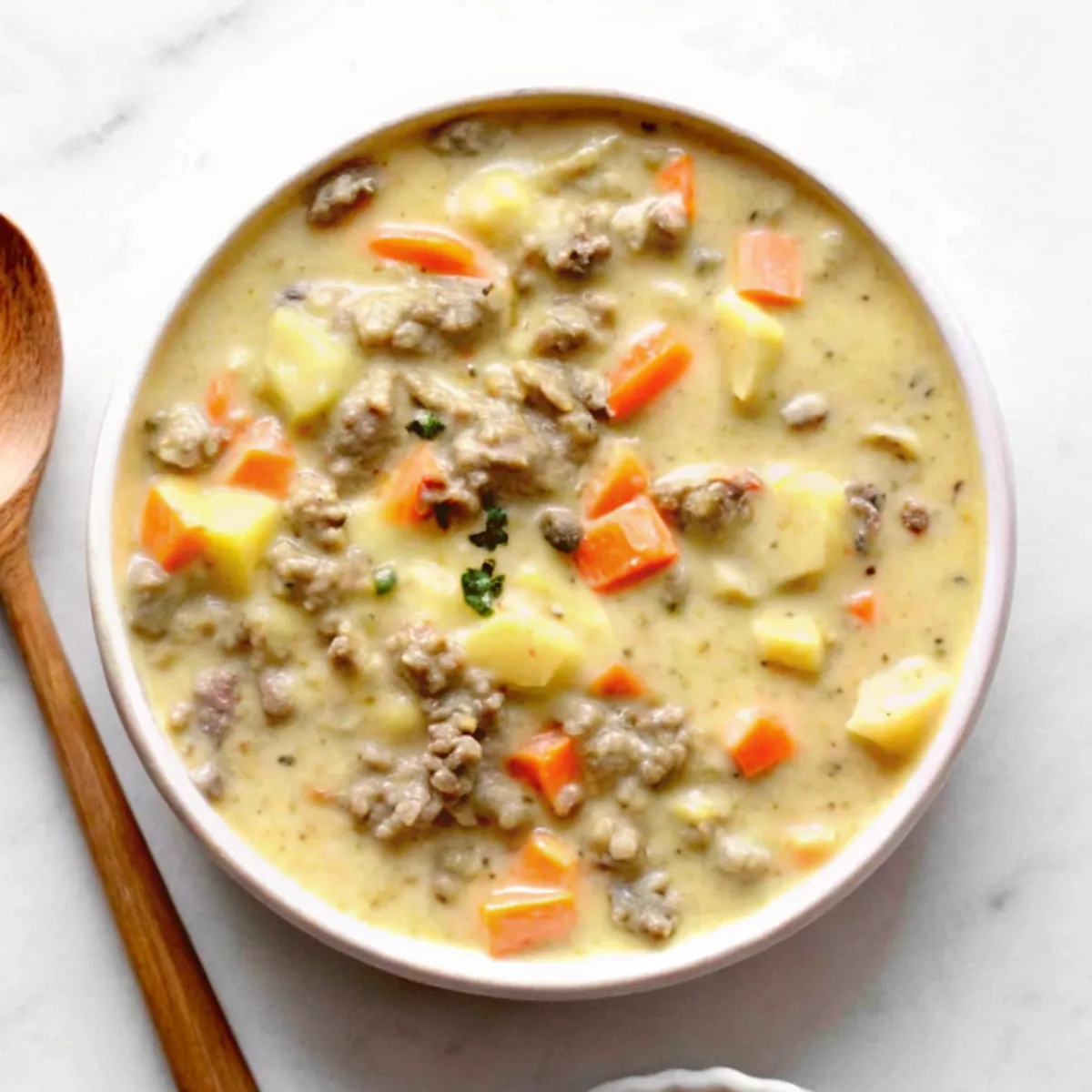 Cheeseburger Soup is loaded with ground beef, potatoes, cheddar, and veggies. This creamy comfort food is easy to make and full of flavor.