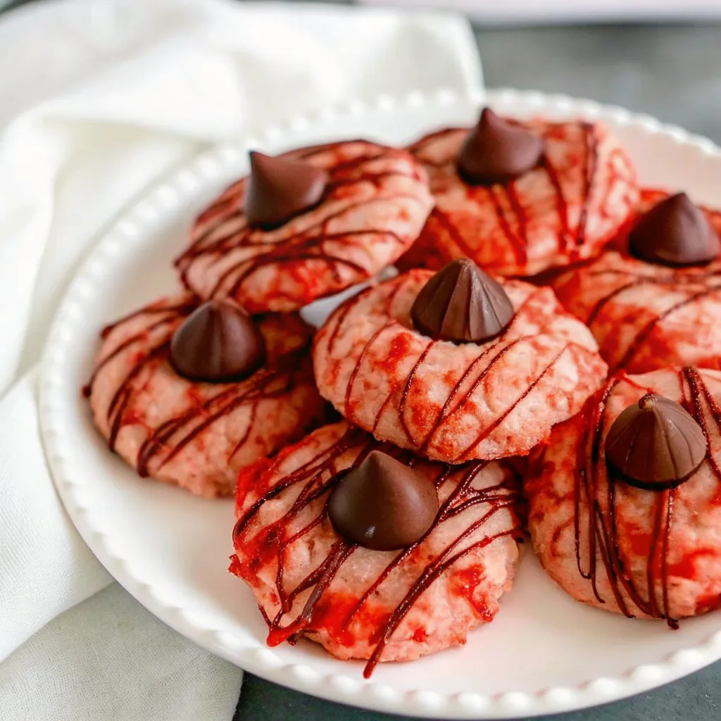 Bake soft Cherry Blossom Cookies with pink cherry dough, chocolate kiss centers, and a festive chocolate drizzle for a fun holiday treat.