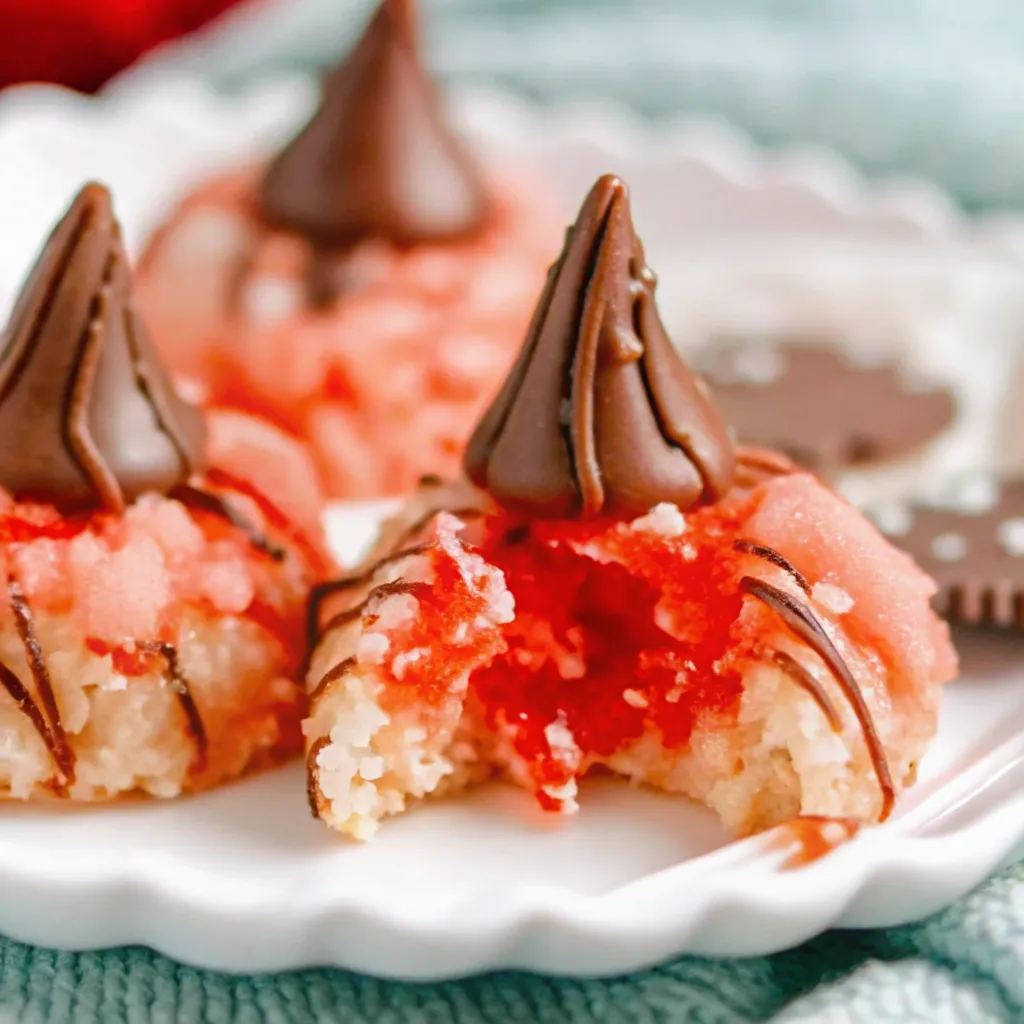 Bake soft Cherry Blossom Cookies with pink cherry dough, chocolate kiss centers, and a festive chocolate drizzle for a fun holiday treat.