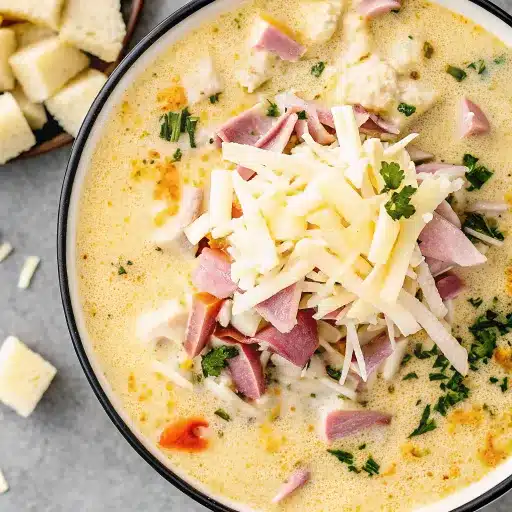 Creamy Chicken Cordon Bleu Soup with shredded chicken, diced ham, and melty Swiss cheese in a rich broth. A cozy and flavorful twist on a classic.