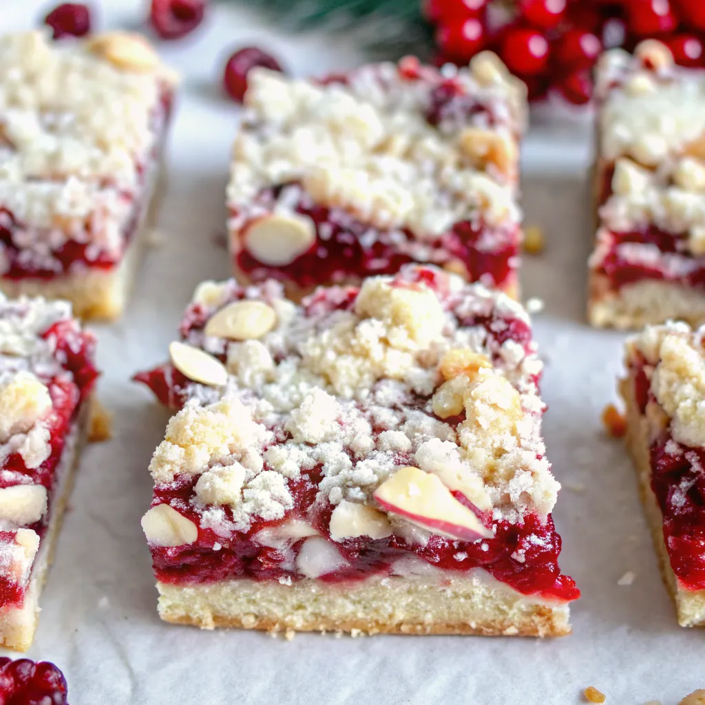 Make these creamy and buttery Cranberry Cheesecake Crumble Bars with a shortbread crust, cranberry topping, and almond crumble. Perfect holiday dessert.