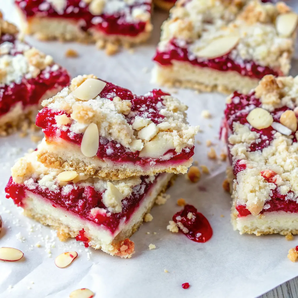 Make these creamy and buttery Cranberry Cheesecake Crumble Bars with a shortbread crust, cranberry topping, and almond crumble. Perfect holiday dessert.