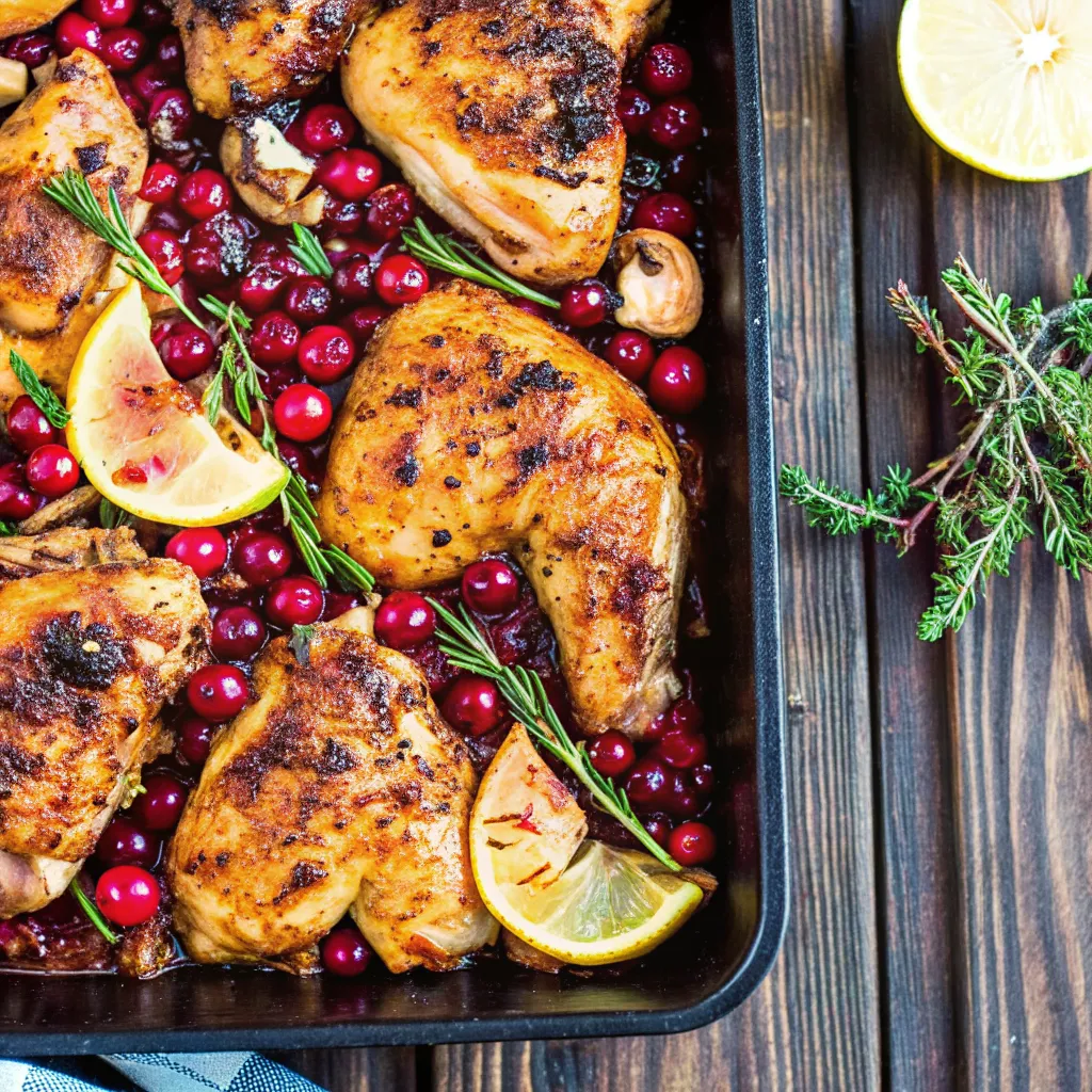 Make Cranberry Chicken with crispy skin, rosemary, lemon, and roasted cranberries for a festive, tangy, and comforting winter dinner.