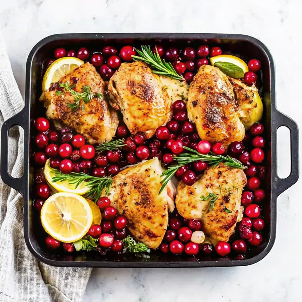 Make Cranberry Chicken with crispy skin, rosemary, lemon, and roasted cranberries for a festive, tangy, and comforting winter dinner.