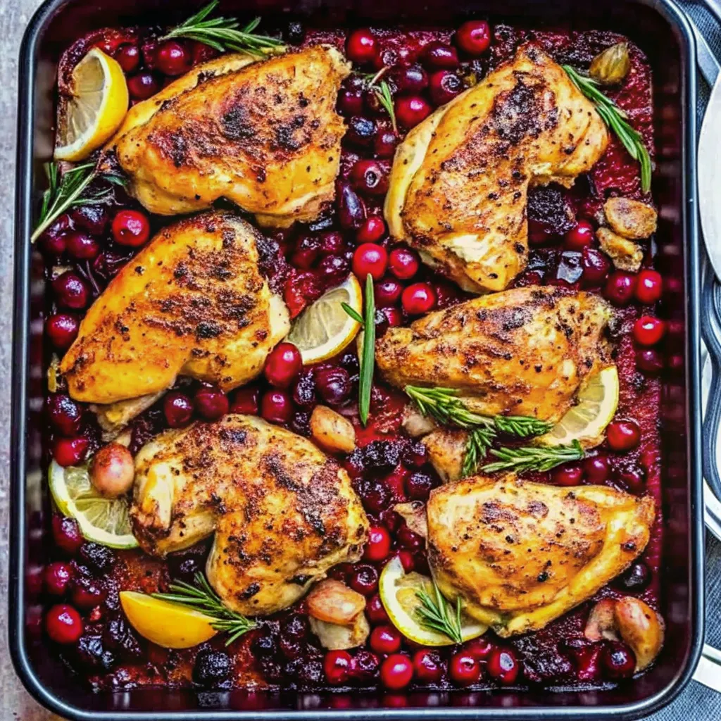 Make Cranberry Chicken with crispy skin, rosemary, lemon, and roasted cranberries for a festive, tangy, and comforting winter dinner.