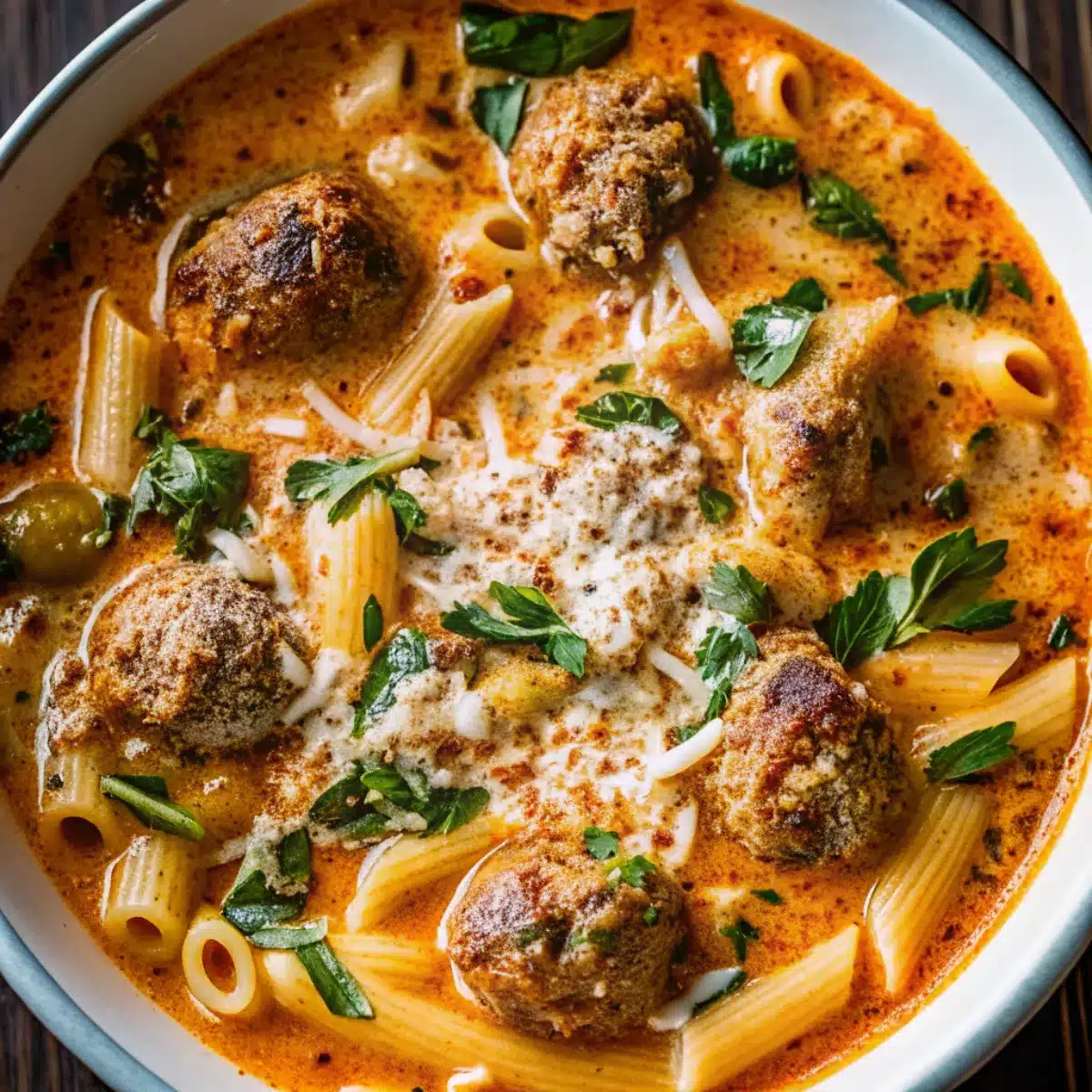 Creamy Italian Meatball Soup is a rich and hearty meal with juicy meatballs, pasta, and veggies in a savory cream-based broth.