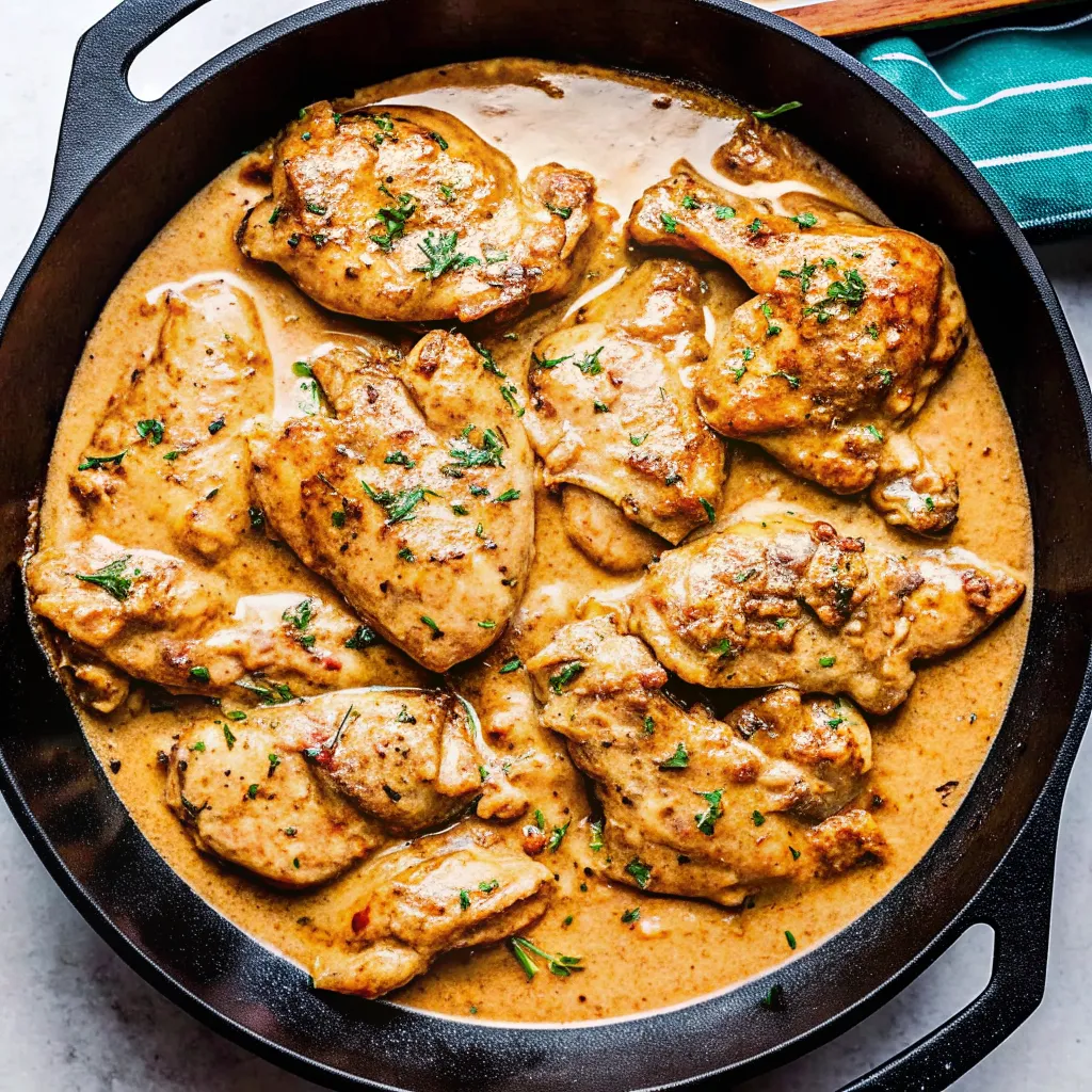 Easy Chicken au Poivre features tender chicken in creamy peppercorn sauce with brandy and Dijon for a rich, elegant French-style dinner.