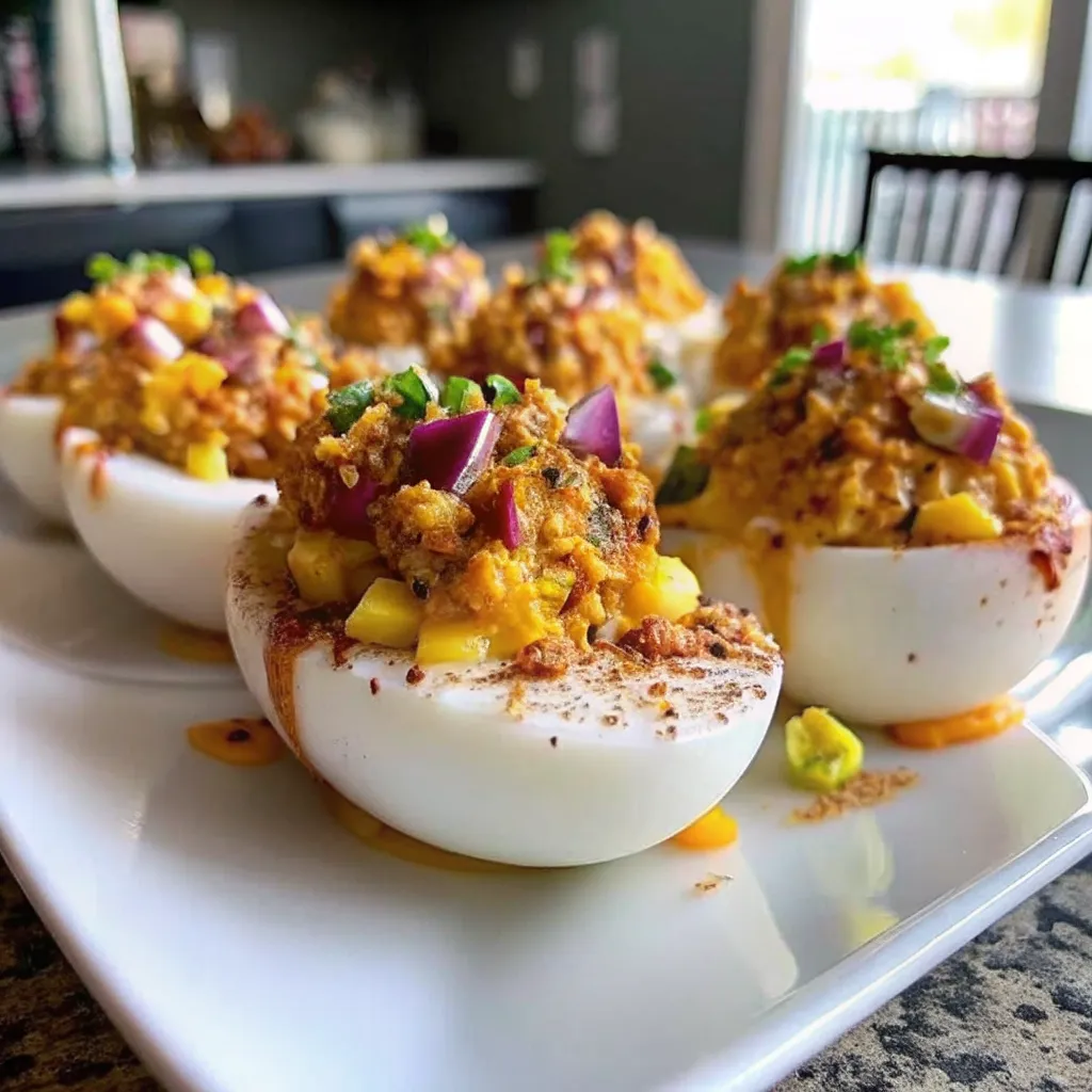 These Elote Deviled Eggs combine creamy yolks, cotija cheese, lime, and chili for a Mexican street corn-inspired appetizer.