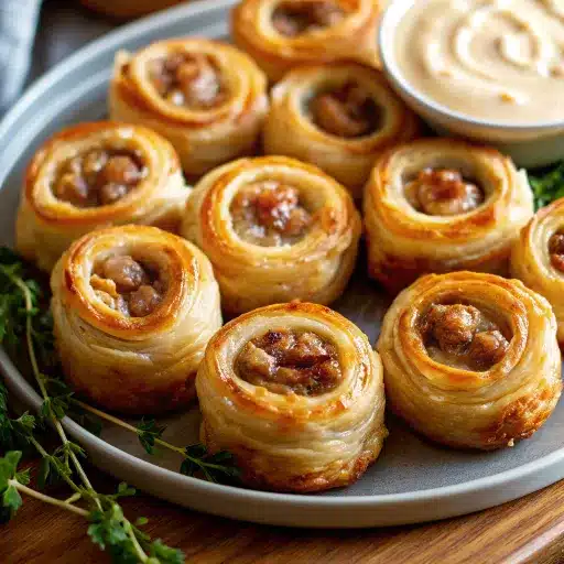 Make these French Onion Sausage Rolls with cheesy filling, flaky pastry, and caramelized onions. The perfect savory snack or party bite!