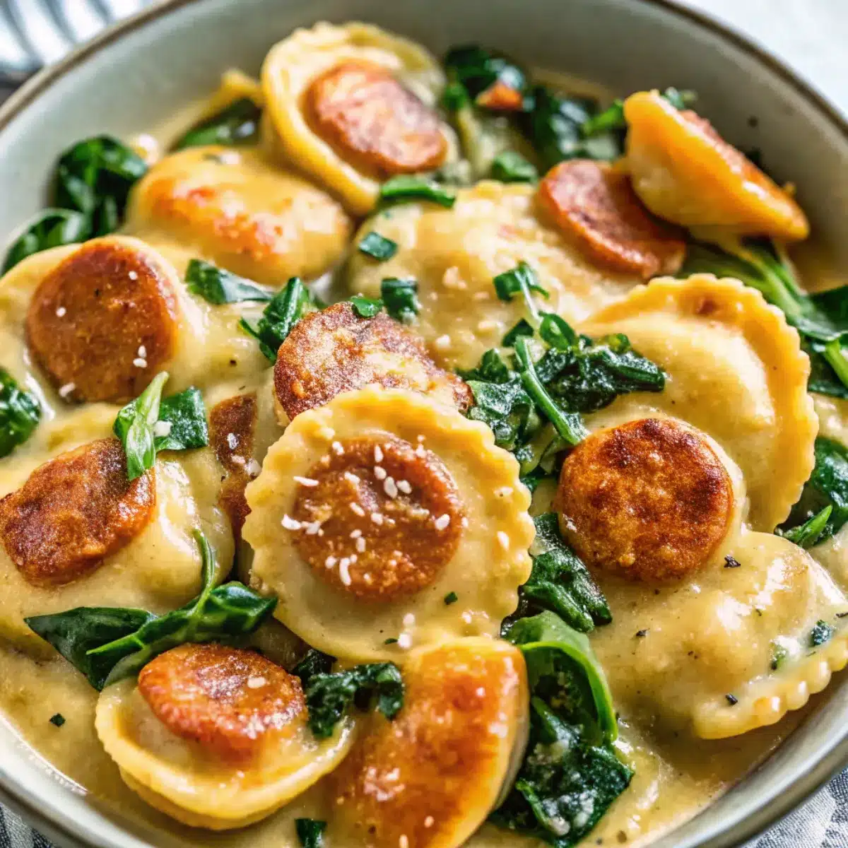 Pierogi and Turkey Sausage Skillet is an easy one-pan dinner with pierogi, smoky sausage, spinach, and veggies. Comfort food made simple.