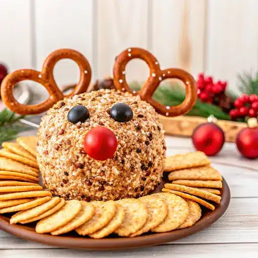 Reindeer Cheese Ball is a fun, festive Christmas appetizer made with cream cheese, cheddar, and savory seasonings. Serve with crackers or veggies.
