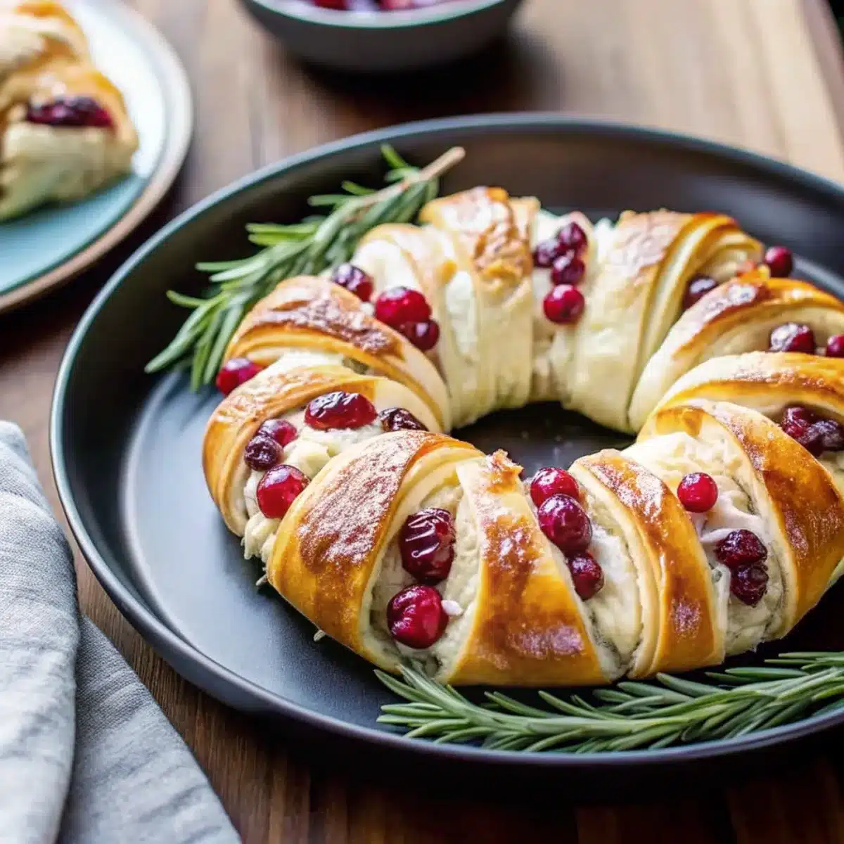 This Turkey Cranberry Crescent Ring is a festive dish with turkey, cranberry sauce, and cheese wrapped in crescent dough. Easy and delicious.