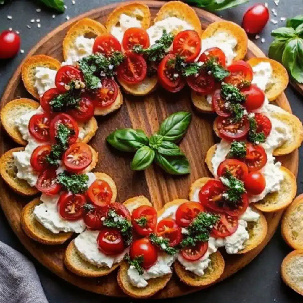 This Christmas Bruschetta Wreath features toasted baguette slices topped with ricotta, cherry tomatoes, and basil. A festive, easy holiday appetizer everyone loves.
