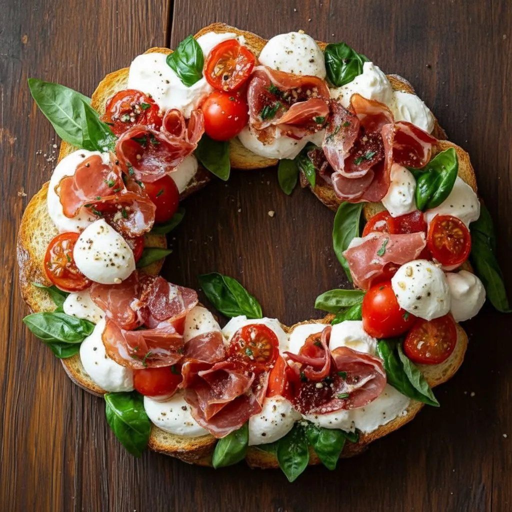 This Prosciutto Caprese Crostini Wreath is a stunning holiday appetizer with mozzarella, tomatoes, basil, and prosciutto arranged beautifully.