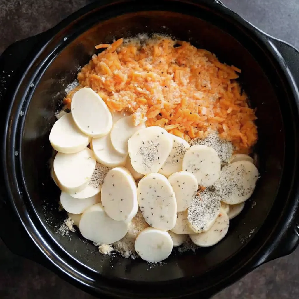 Make rich, creamy Slow Cooker Scalloped Potatoes with tender layers and a cheesy garlic sauce. The perfect easy holiday side dish.